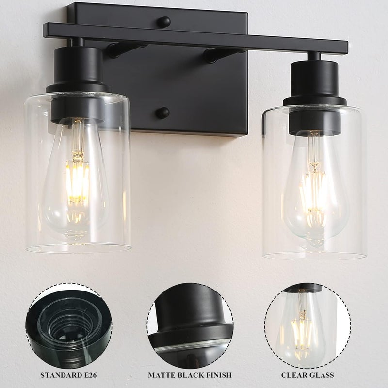 EMONG 2-Lights Bathroom Light Fixtures, Matte Black Vanity Light with Glass Shade, Modern Wall Sconces Lighting for Bathroom,Mirror,Farmhouse,Hallway - Image 3